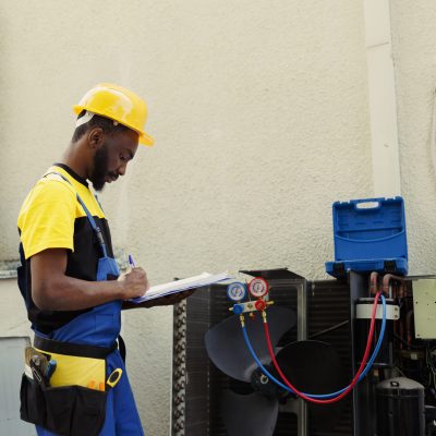 Certified technician doing inspection of freon levels and necessary repairs to prevent major breakdowns. Seasoned mechanic troubleshooting hvac system, writing findings on clipboard